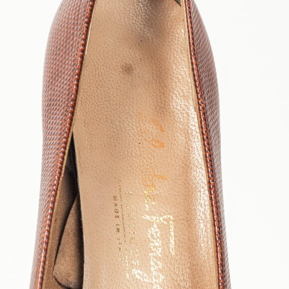 Salvatore Ferragamo Boutique Lillaz Tan Lizard-Embossed Bow Pumps - Picture 9 of 10